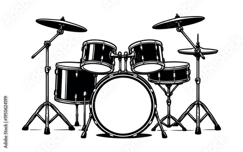 Classic drum kit illustration, featuring drums and cymbals, providing rhythm and beat for various music genres