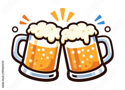 Two glasses of golden beer with frothy foam cheerfully clinking in a toast, symbolizing celebration and festivity