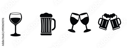 drinks and beverages silhouette icon featuring coffee tea cup, beer wine glass cocktail bottle soda liquid more vector illustration or editable stroke.