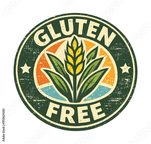 Gluten free stamp or logo featuring a wheat stalk and sunset, signifying healthy eating and allergen-free food choices