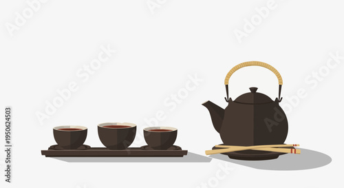 Traditional Japanese Tea Set with Chopsticks and Tea Cups