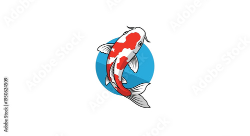 Vibrant Koi Fish Swimming in Blue Circle, Japanese Culture Symbol, Aquatic Life