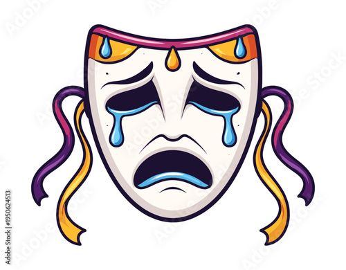 Sad theatre mask weeping blue tears with colorful ribbons, representing emotional drama, performing arts, and melancholy feelings