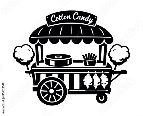 Cotton candy cart with a striped canopy, offering sugary snacks like sweets, desserts, and lollipops in a flat icon design