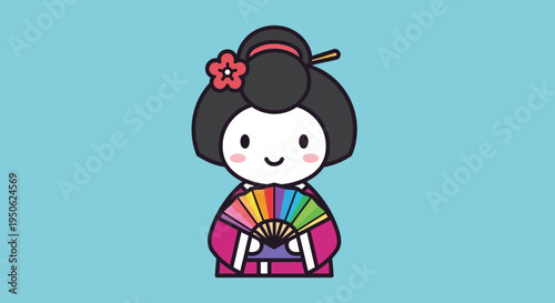 Cute Kawaii Geisha Doll Holding Rainbow Fan on Blue Background