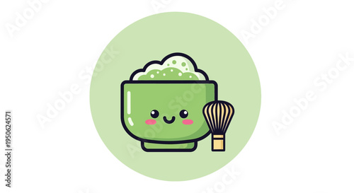 Cute Kawaii Matcha Bowl with Whisk Icon, Green Tea Drink Icon
