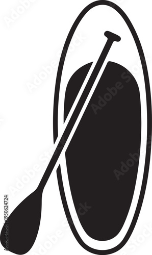 Black and white paddleboard and paddle graphic illustration for outdoor sports