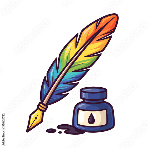 Stylized rainbow quill pen and ink bottle on white background, representing creativity, education, and communication