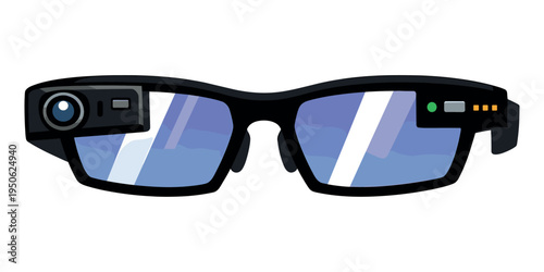 Wearable technology smart glasses showing capabilities for recording video, displaying interactive augmented reality information, and connecting communication