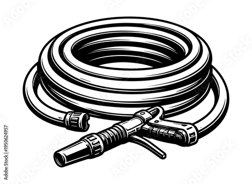 Coiled garden hose with a spray nozzle. Essential tool for watering plants, washing cars, and various household chores
