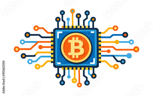Bitcoin symbol on a central processing unit (CPU) chip with circuit board connections, representing cryptocurrency technology