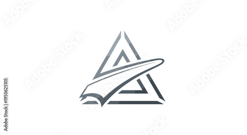 Black and white vector icon illustration of an abstract 3d pyramid building design featuring a modern triangle shape and business logo symbol on a button sign