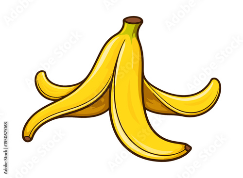Yellow banana peel cartoon illustration representing a falling hazard, fruit waste, and organic garbage