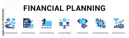Financial Planning  Modern and clean web banner illustration vector featuring thematic icons