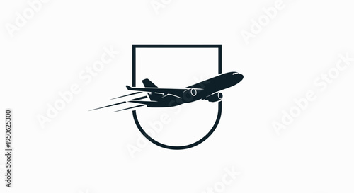 Black Airplane Flying Through Shield, Secure Fast Air Travel and Aviation Security Concept on Isolated White Background