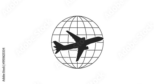 Black Airplane Flying Over Globe Silhouette, Global Travel and Aviation Concept on Isolated White Background