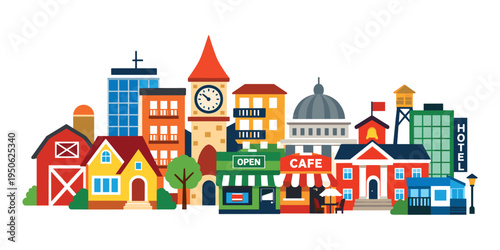 Community landscape showing different flat style vector buildings, houses, and businesses like a hotel, cafe, and clock tower