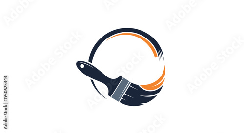 Paint Brush with Orange Stroke in Circular Frame, Art and Renovation Concept on Isolated White Background