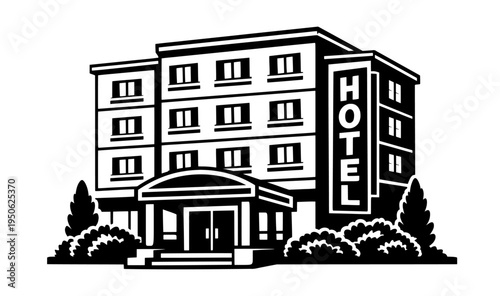 Hotel building black and white illustration presenting architecture and lodging services for travelers and tourists