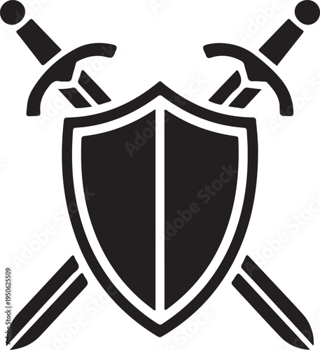 Medieval shield flanked by crossed swords in a heraldic design