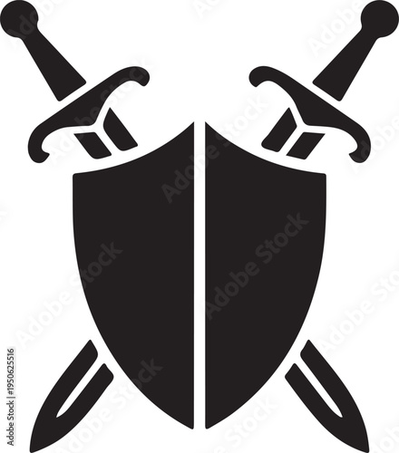 Medieval shield flanked by crossed swords symbolizing protection and strength