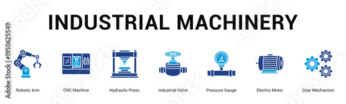 Industrial Machinery  Modern and clean web banner illustration vector featuring thematic icons
