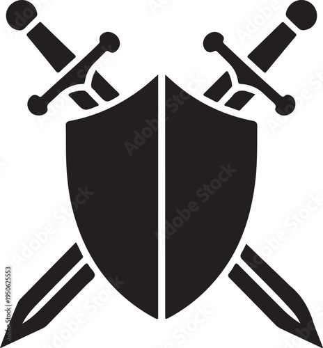 Two crossed swords atop a shield emblem representing strength and protection