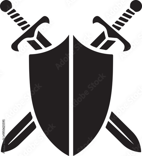 Two crossed swords mounted on a shield emblem representing strength and defense.