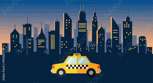 yellow taxi cab in front of city skyline at sunset