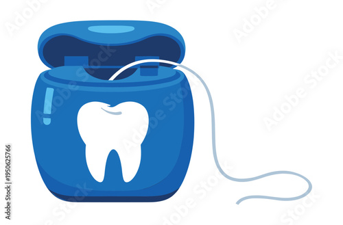 Blue dental floss box displaying a white tooth symbol, illustrating an essential item for oral health and cleaning