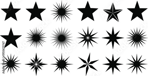 Collection of Black Starburst and Star Shapes on White Background stars
