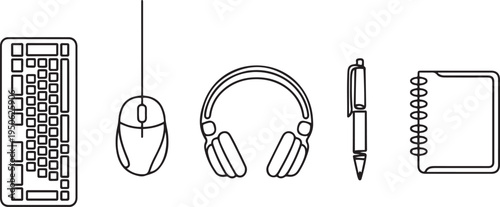 keyboard,mouse, headset,pen,note book. one line art icon drawing vector