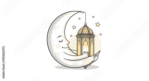 Moon holds lantern, peaceful night scene