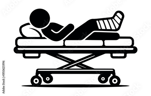 Drawing showing a patient with an injured leg in a cast, lying on a hospital gurney, requiring medical assistance and recovery