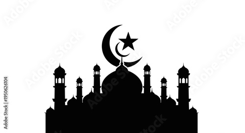 mosque silhouette with crescent moon and star