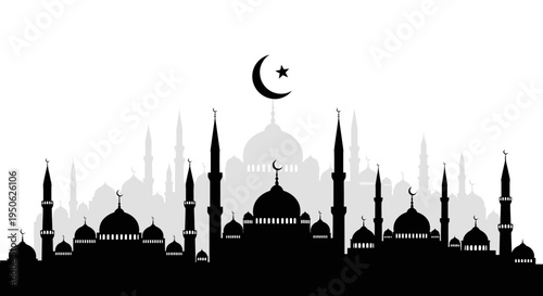 mosque silhouette, crescent moon, islamic architecture