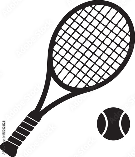 Classic black and white illustration of a tennis racket and ball