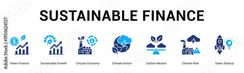 Sustainable Finance  Modern and clean web banner illustration vector featuring thematic icons