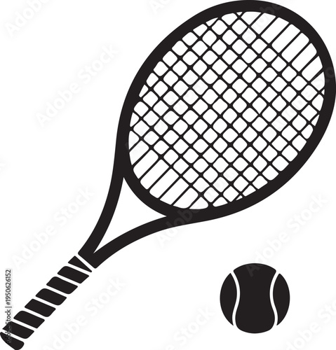 Classic black and white tennis racket and ball illustration