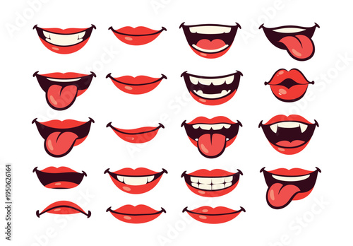 Cartoon mouths showing different emotions, from happy smiles and laughter to playful tongues and a vampire's fangs