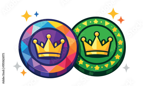 Two premium gaming chips displaying golden crowns on a clear background, symbolizing victory, exclusive rewards, and loyalty programs