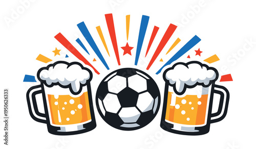 Soccer ball between two foamy beer mugs with confetti and stars, representing sports fans celebrating a match or championship