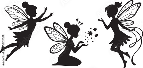 Fairy silhouettes. Funny fairies in different poses. Little creatures with wings. Mythical fairy tale characters in cute dresses. black icon drawing vector