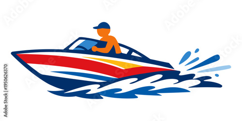 Powerboat navigating through water, driven by a person, generating a wake. Representing summer, adventure, and recreation