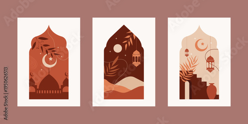 Ramadan Kareem abstract poster set with Islamic arch frames, crescent moon and lanterns in warm terracotta tones