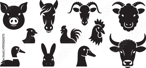 Farm animal head set. Pig, Horse, Turkey, Goat, Sheep, Chicken, Rooster, Duck, Rabbit, Goose, Cow, Bull head silhouettes. black icon drawing vector
