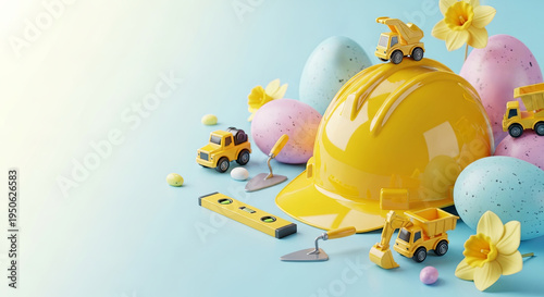 Toy construction vehicles on colorful easter eggs with yellow hard hat and daffodils. Playful building theme for spring holiday. Whimsical easter celebration concept with tools