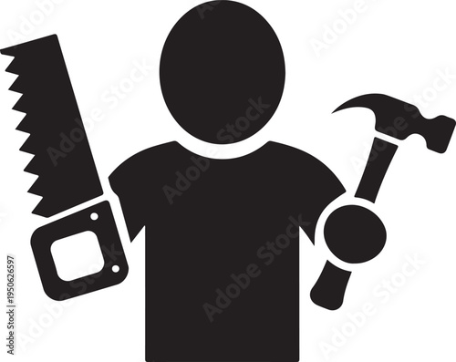 Handyman silhouette holding tools including a hammer, saw, and wrench.