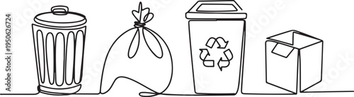 Set of garbage one line continuous drawing. Rubbish, trash can, garbage bag, recycle bin, carton box. black icon drawing vector