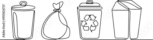Set of garbage one line continuous drawing. Rubbish, trash can, garbage bag, recycle bin, carton box. black icon drawing vector
